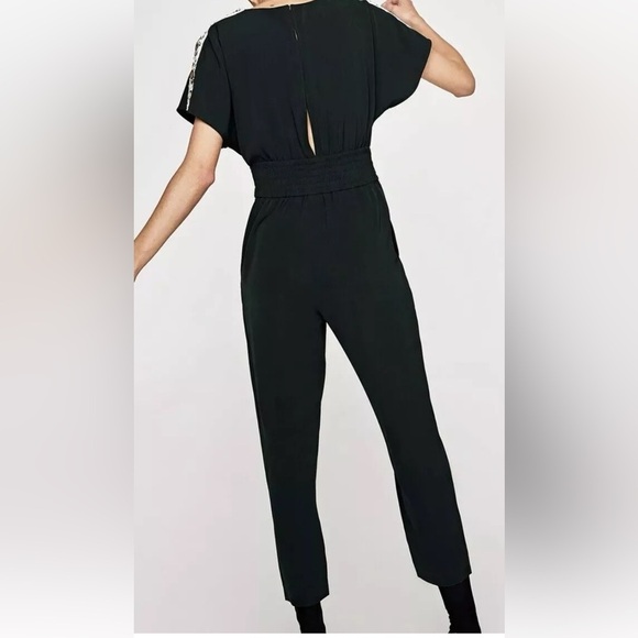 ZARA WOMAN BLACK LONG JUMPSUIT WITH BEADED SHOULDER STRIPE 8209/733/529 Small - Picture 4 of 15
